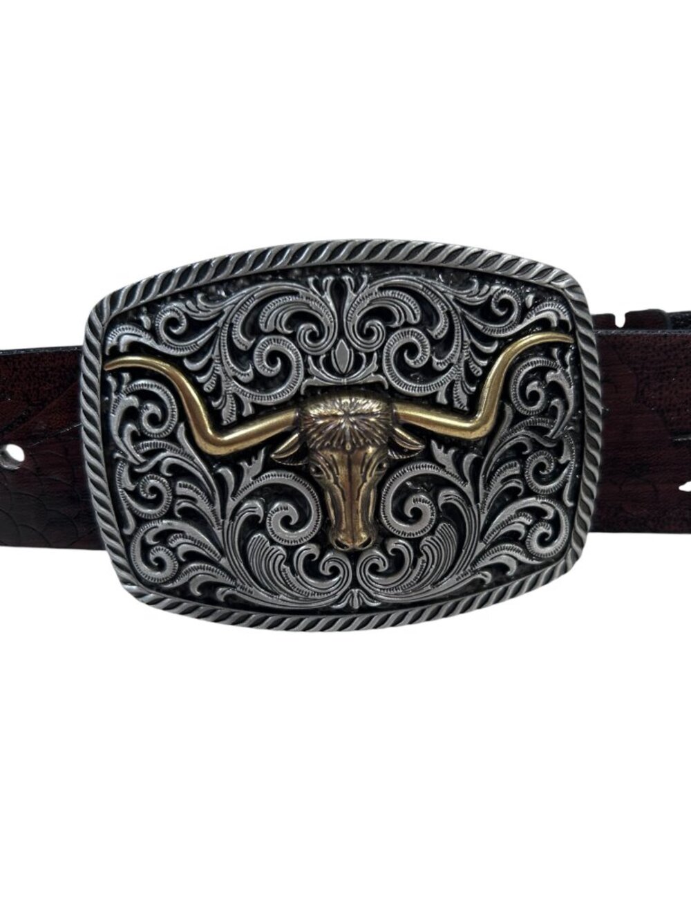 Longhorn Western Brown Belt Vegan Silver Gold Tone Boho Rodeo Festival
